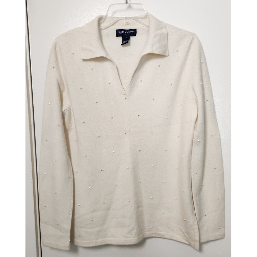 Jones New York Signature Wool Angora Blend Ivory Sweater V-Neck Collar Pearls M